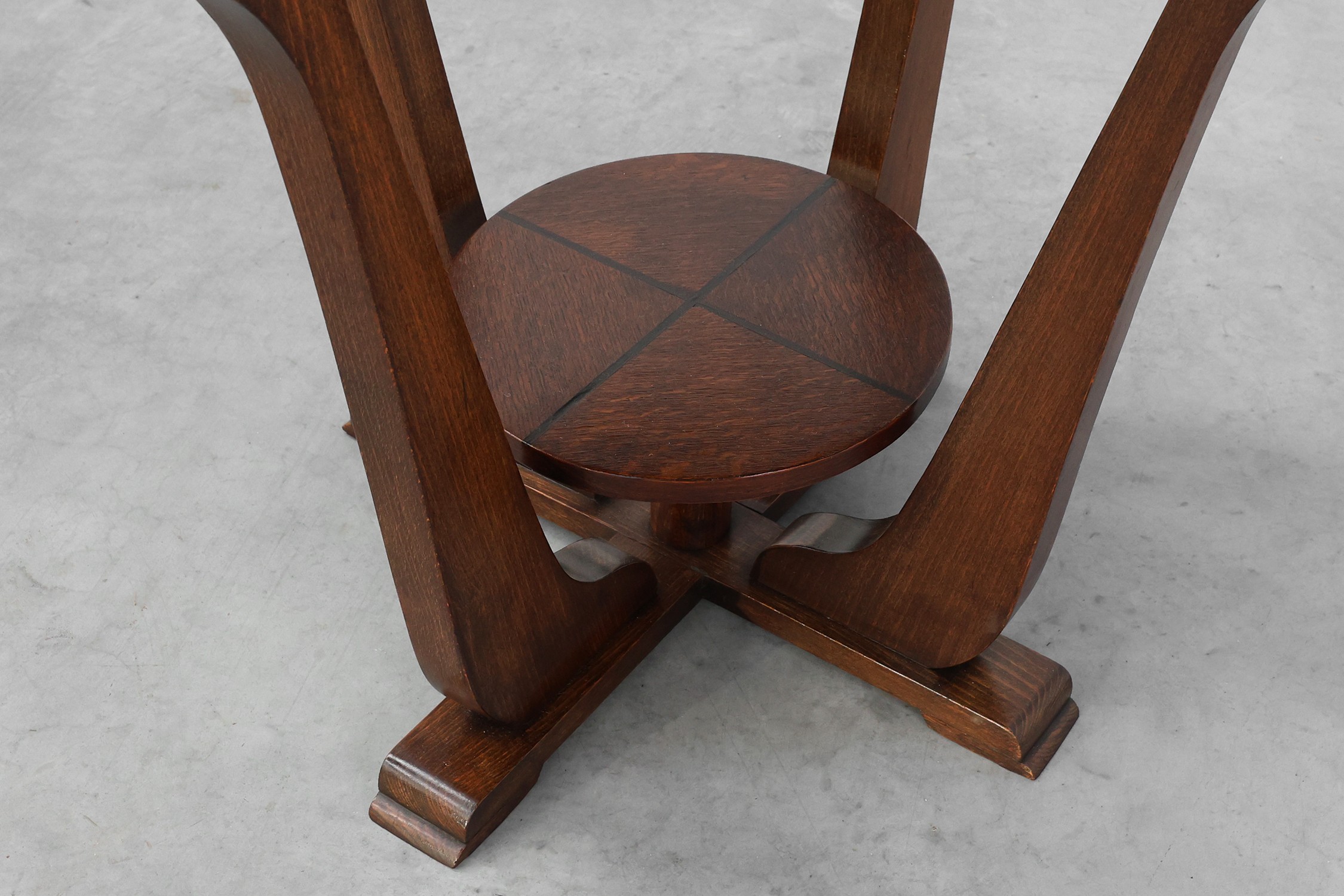 Art Deco Oak Side Table with Sculptural Base and Geometric Top, Belgium ca. 1920thumbnail